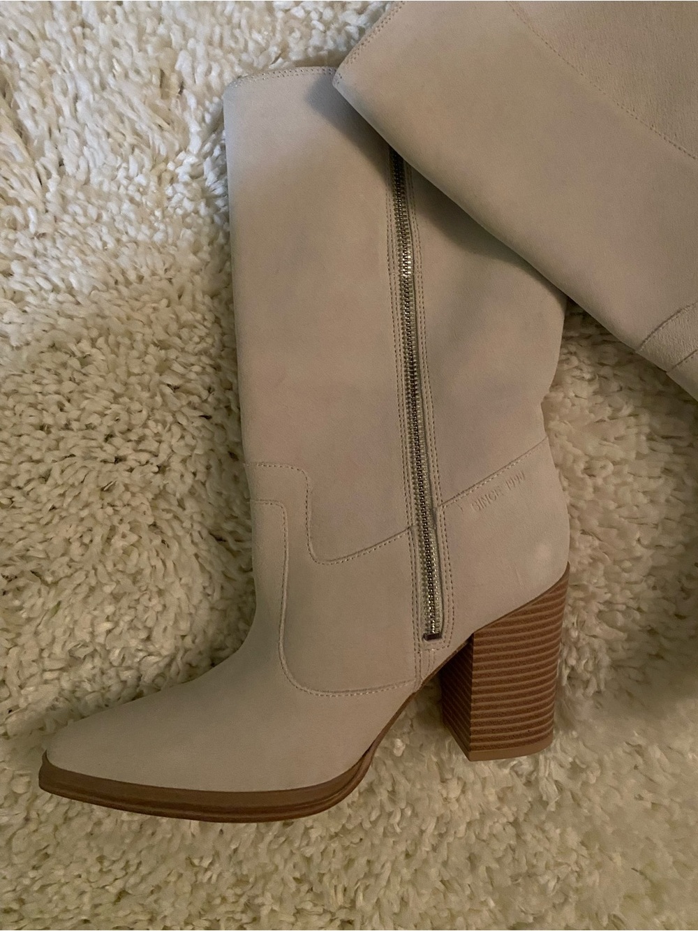 Franco Sarto Light Beige Suede Mid-Calf Block Heel Boots - Picture 7 of 8